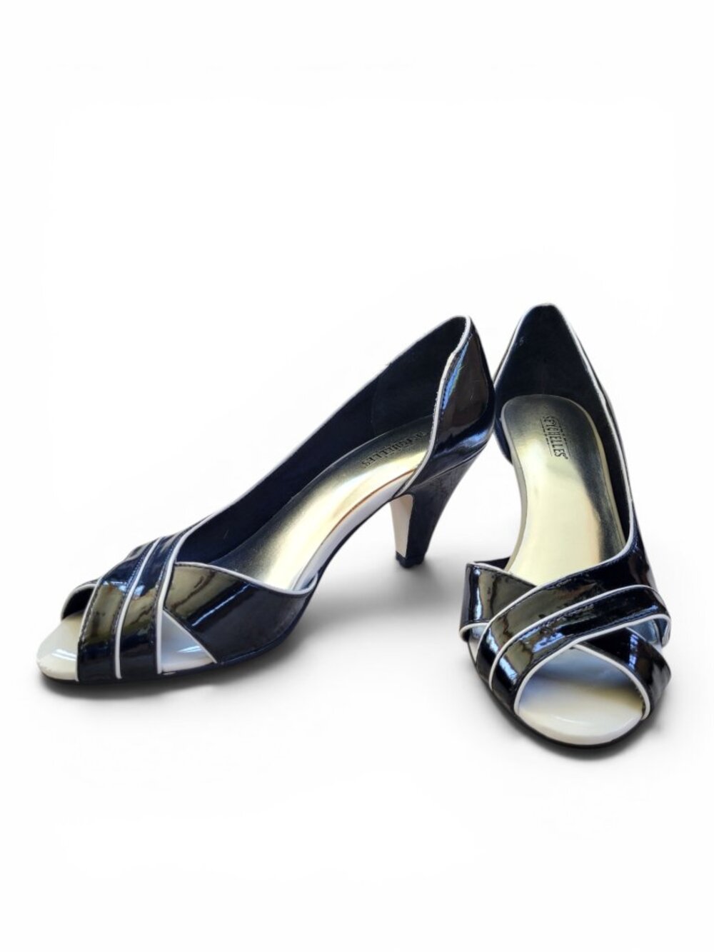 Seychelles Patent Leather Black & White Criss Cross Peeptoe Heels